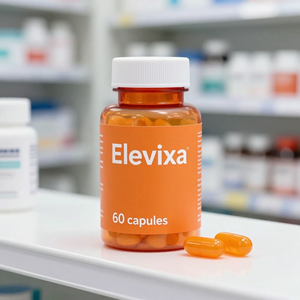 Elevixa supliment natural pentru circulația sanguină în cutie elegantă cu design medical modern, ambalat profesional pe fundal neutru steril